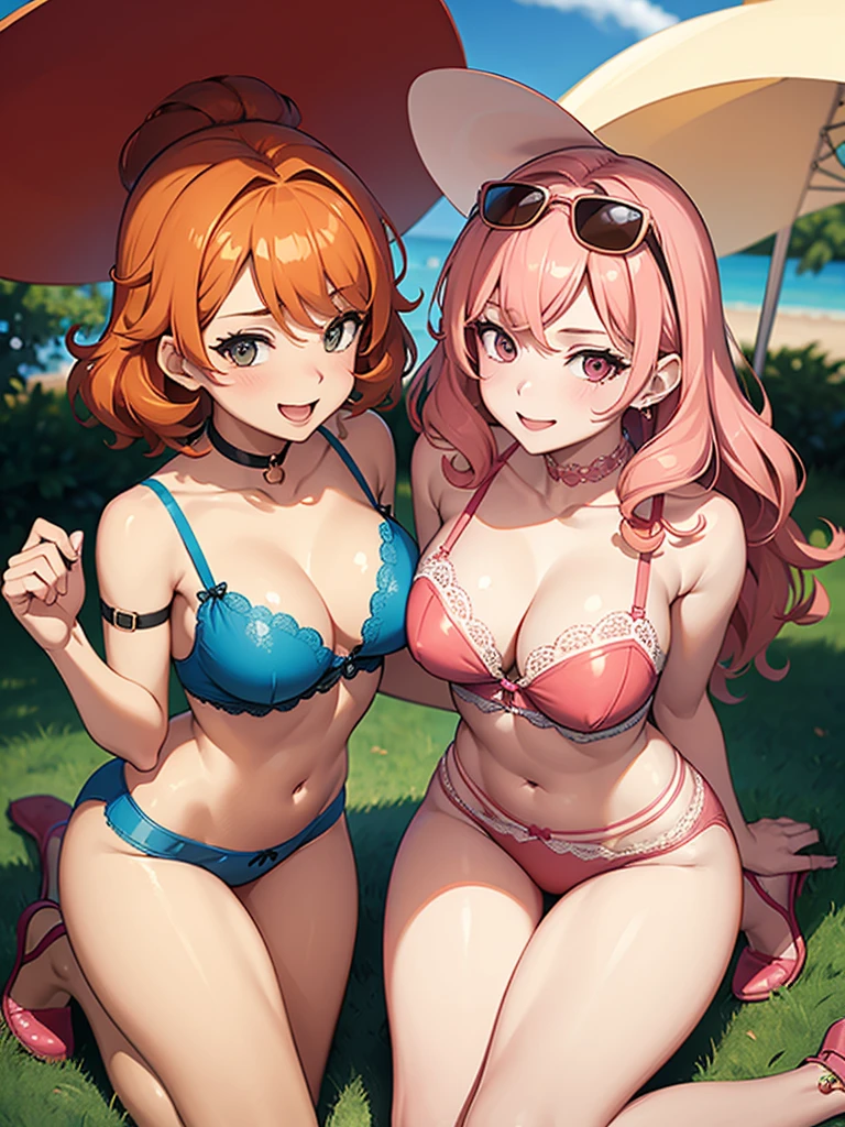 two sexy bubbly and cheerful women in lingerie, kneeling, short, vibrant curly orange hair with highlights of pink, sunglasses, chokers, sunhats, flirtatious smiles, looking at camera, view from above