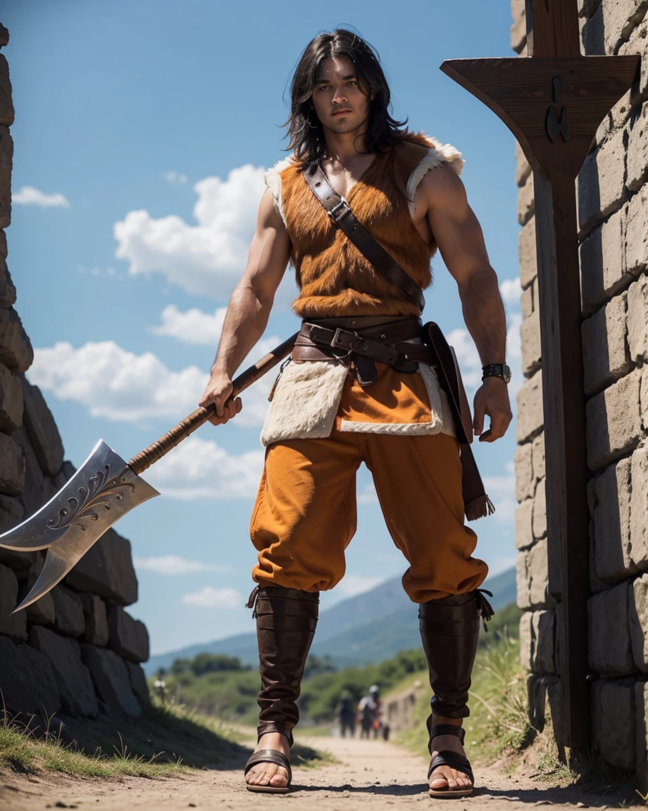 Youth with short black hair and brown eyes, fair skin and clean-shaven, dressed in short orange medieval barbarian fur tunic and trousers, weilding giant axe, sandals; fullbody; short hair, masculine, athletic