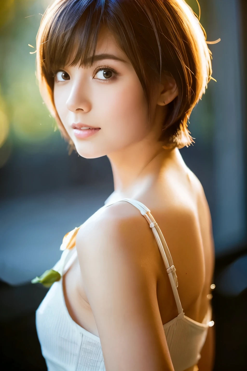 (Raw photo, Best Quality), (Realistic, Photorealsitic:1.3), masutepiece, 1 girl, extremely delicate and beautiful girl, Stand quietly facing the camera, (medium breasts), Soft light, (Brown hair, Short hair swaying in the wind), Bangs, Beautiful detailed girl, Graceful, tender, Gentle, (Detailed fingers), Correct anatomy, extremely detailed eye and face, beautiful detailed nose, Beautiful detailed eyes, Neat and clean beauty, silk shirt, Skirt, (Half body:1.3), Realistic face, Realistic body, in door