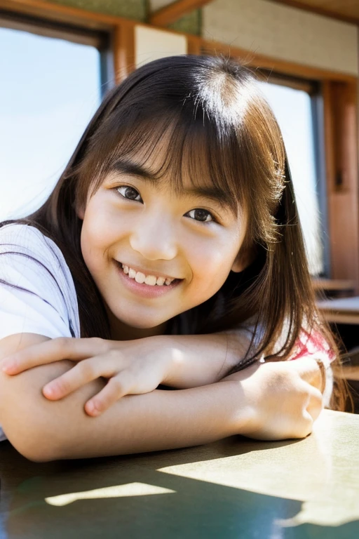 lens: 135mm f1.8, (Highest quality),(RAW Photos), (Tabletop:1.1), (Beautiful 9 year old Japanese girl), Cute face, (Deeply chiseled face:0.7), (freckles:0.4), dappled sunlight, Dramatic lighting, (Japanese School Uniform), (In the classroom), shy, (Close-up shot:1.2), (smile), (sunlight)