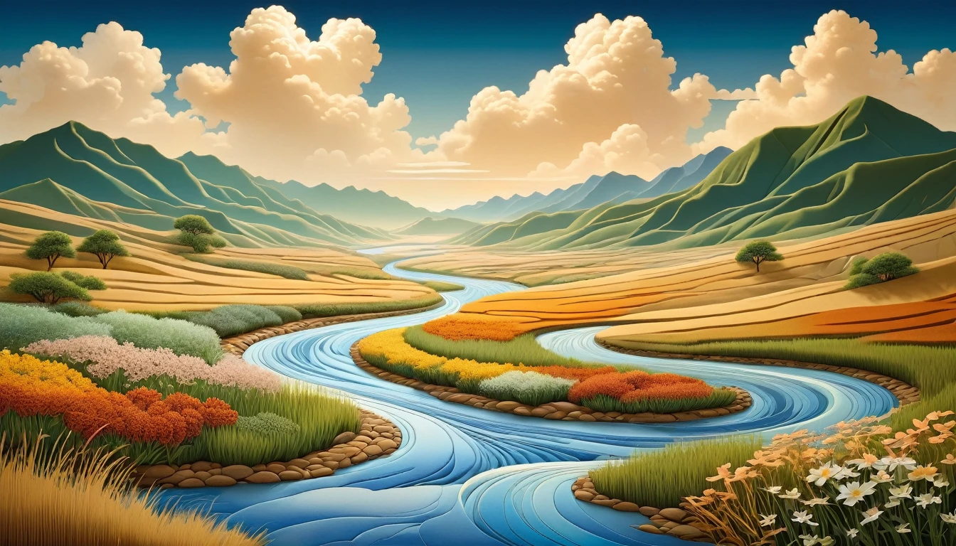 paper_cut,Natural and organic depictions of river,Sky and steppe,Kelsang flowers,Clouds,Big wind,Features earth tones and botanical motifs,Withdraw connections to nature and the environment,Influenced by botanical illustrations or environmental art,softlighting,(warm color:1.15),best quality exquisite details,3D rendering of