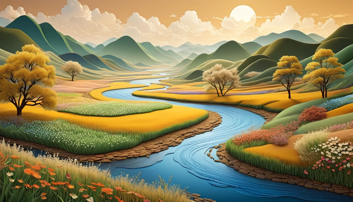 paper_cut,Natural and organic depictions of river,Sky and steppe,Kelsang flowers,Clouds,Big wind,Features earth tones and botanical motifs,Withdraw connections to nature and the environment,Influenced by botanical illustrations or environmental art,softlighting,(warm color:1.15),best quality exquisite details,3D rendering of