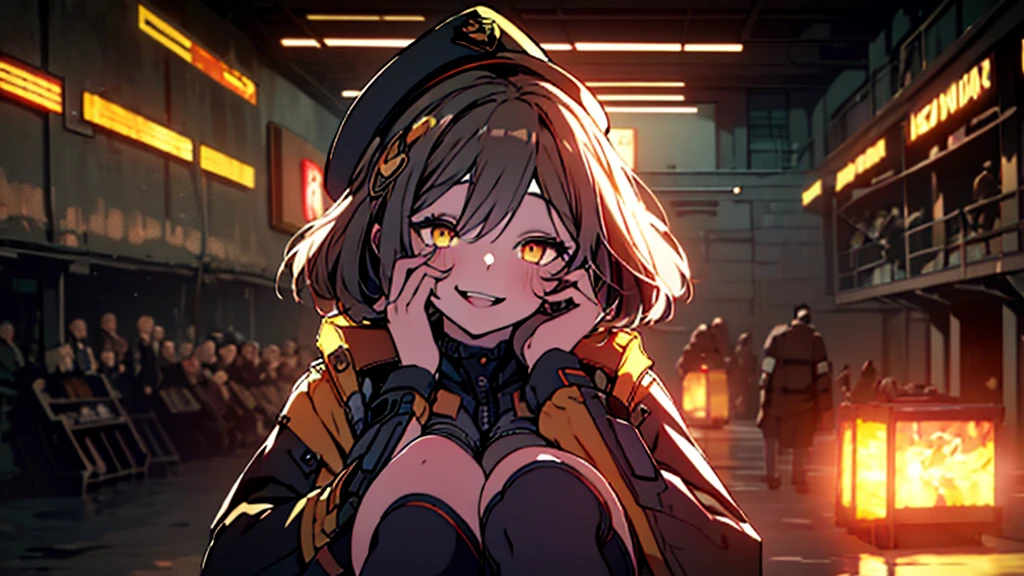 ((Best quality)), ((masterpiece)), (detailed:1.4), 3D, an image of a beautiful cyberpunk female, Yandere , Yandere Face , Trance , Trance Eyes , yameroyandere , constricted pupils , yandere , empty eyes . shaded face , crazy eyes , glowing brown eyes , crazy smile , aniswear, cross-eyed, short_hair, open_mouth, large_breasts, brown_hair, hair_ornament, thighhighs, hat, cleavage, brown_eyes, jacket, full_body, yellow_eyes, knee pads, boots, shorts, black_thighhighs, beret, short shorts, war, indoors, room, HDR (High Dynamic Range),Ray Tracing,NVIDIA RTX,Super-Resolution,Unreal 5,Subsurface scattering,PBR Texturing,Post-processing,Anisotropic Filtering,Depth-of-field,Maximum clarity and sharpness,Multi-layered textures,Albedo and Specular maps,Surface shading,Accurate simulation of light-material interaction,Perfect proportions,Octane Render,Two-tone lighting,Wide aperture,Low ISO,White balance,Rule of thirds,8K RAW,