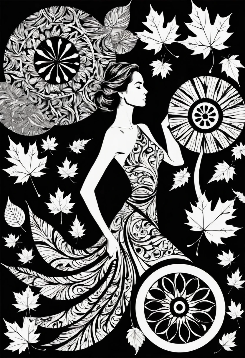 Silhouette Style Nude, A beautiful back, Cozy autumn themed Batik Art, Gorgeous geometric shapes, Wheels within wheels, pattern, autumn, point, batik, Fall Decorations, autumn elements
. High contrast, Simplicity, black and white, Stark, Dramatic