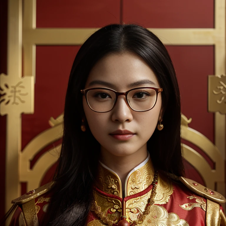 Araffi wore a red and gold uniform and glasses., Wear eyeglasses, Empress of China, Chinese princess, Inspiration from Min Zhen, traditional chinese, Chinese style, Chinese woman, Inspired by Guo Xi, According to the style of paying homage to the family, Sazi, close-up portrait, queen of the sea Mu Yanling, Inspired by Wang Meng, Inspiration from Xu Xi, Chinese dress, Chinese girl