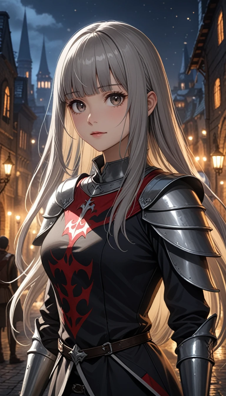 ((Top Quality)), ((Masterpiece)), (Detail), high resolution, Perfect Face, Fine Eyes, Depth of Field, Special Shading, (photorealistic), (upper body), (1 beautiful girl), demon, medium breasts, (grey hair, very long hair, blunt bangs), ((knight wagon uniform, short pants)), fantasy, Smooth anime CG art, Light particles, Lost City at night