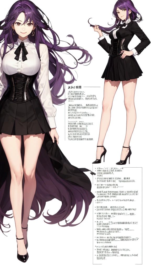 Purple Hair,long hair,Adult female,(suit),White Y-shirt,((Rolling up his sleeves)),(corset),(Black tight skirt),(High heels),Heels are visible,((Simple white background)),smile,((whole body)),((full body)),