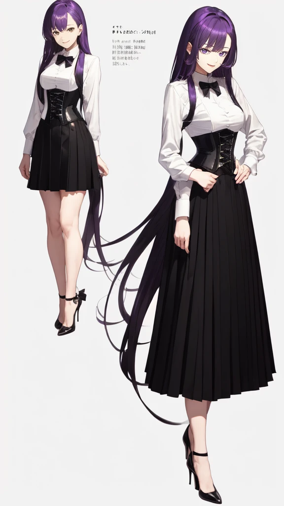 Purple Hair,Super long hair with volume,Adult female,(suit),White Y-shirt,((Rolling up his sleeves)),(corset),(Black skirt),(Slim silhouette skirt),(High heels),Heels are visible,((Simple white background)),smile,((whole body)),((full body)),Character Sheet,