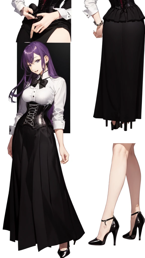 Purple Hair,Super long hair with volume,Adult female,(suit),White Y-shirt,((Rolling up his sleeves)),(corset),(Black skirt),(Slim silhouette skirt),(High heels),Heels are visible,((Simple white background)),smile,((whole body)),((full body)),Character Sheet,