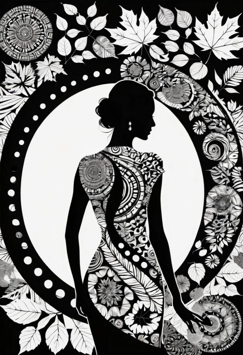 Silhouette Style Nude, A beautiful back, Cozy autumn themed Batik Art, Gorgeous geometric shapes, Wheels within wheels, pattern, autumn, point, batik, Fall Decorations, autumn elements
. High contrast, Simplicity, black and white, Stark, Dramatic