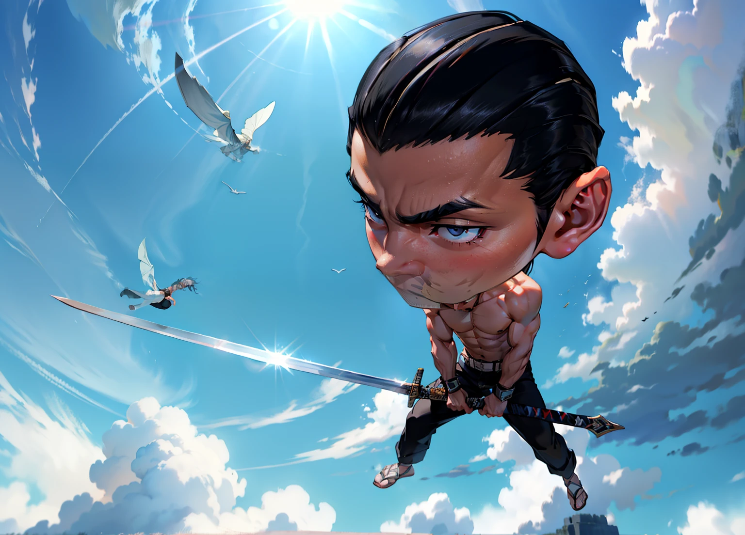 1boy, 26 Years old, Serious face, black hair, long hair, muscular, shirtless, ((black long pants)), holding giant sword, blue sky, cloud