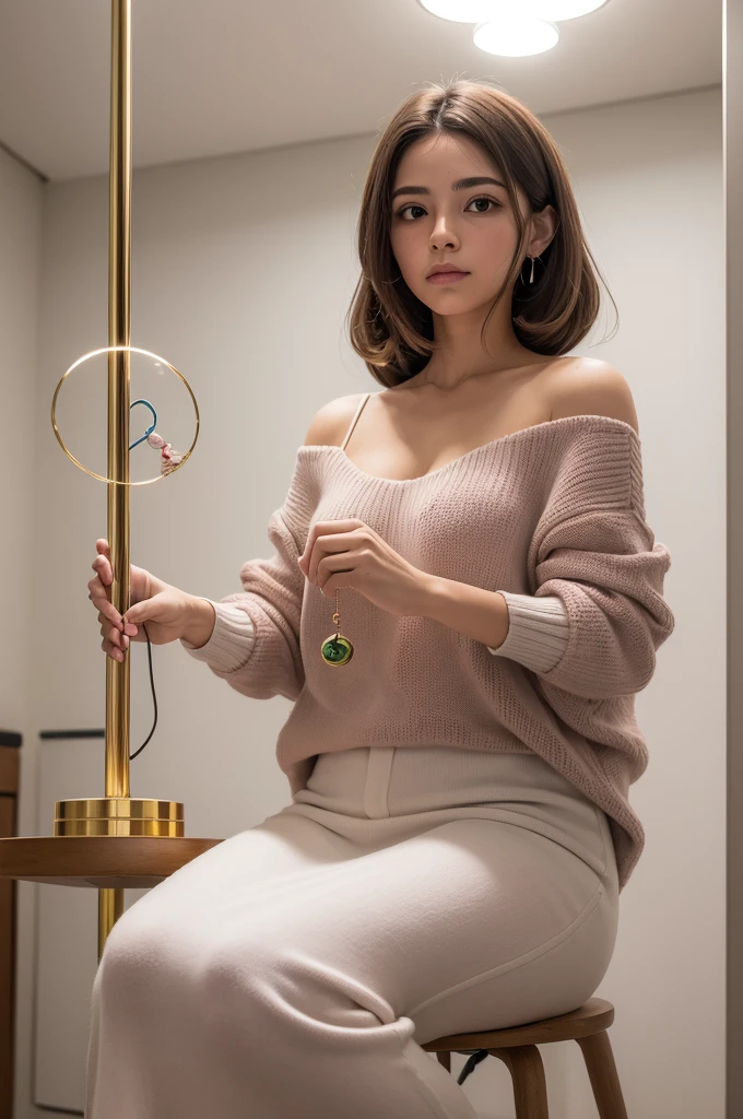 ((melhor qualidade)), ((Obra de arte)), (detalhado), 1 garota fofa de cabelos rosa, shoulder to shoulder sweater, Saia super fofa e curta, Being hypnotized by a pendulum to act like a chicken.