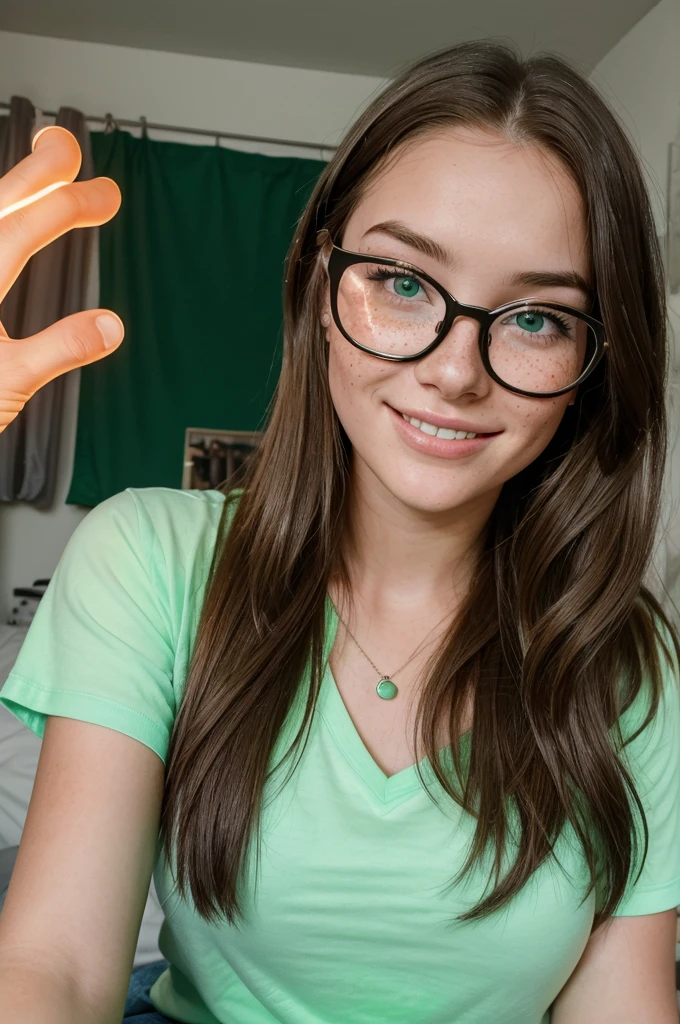 a close up of a young woman with freckles and glasses, her face has a totally excited and exuberant look on it, she is sitting in her YouTuber bedroom, she is pointing to the left hand side of the image, key lighting, green leds in the background, photo realistic,