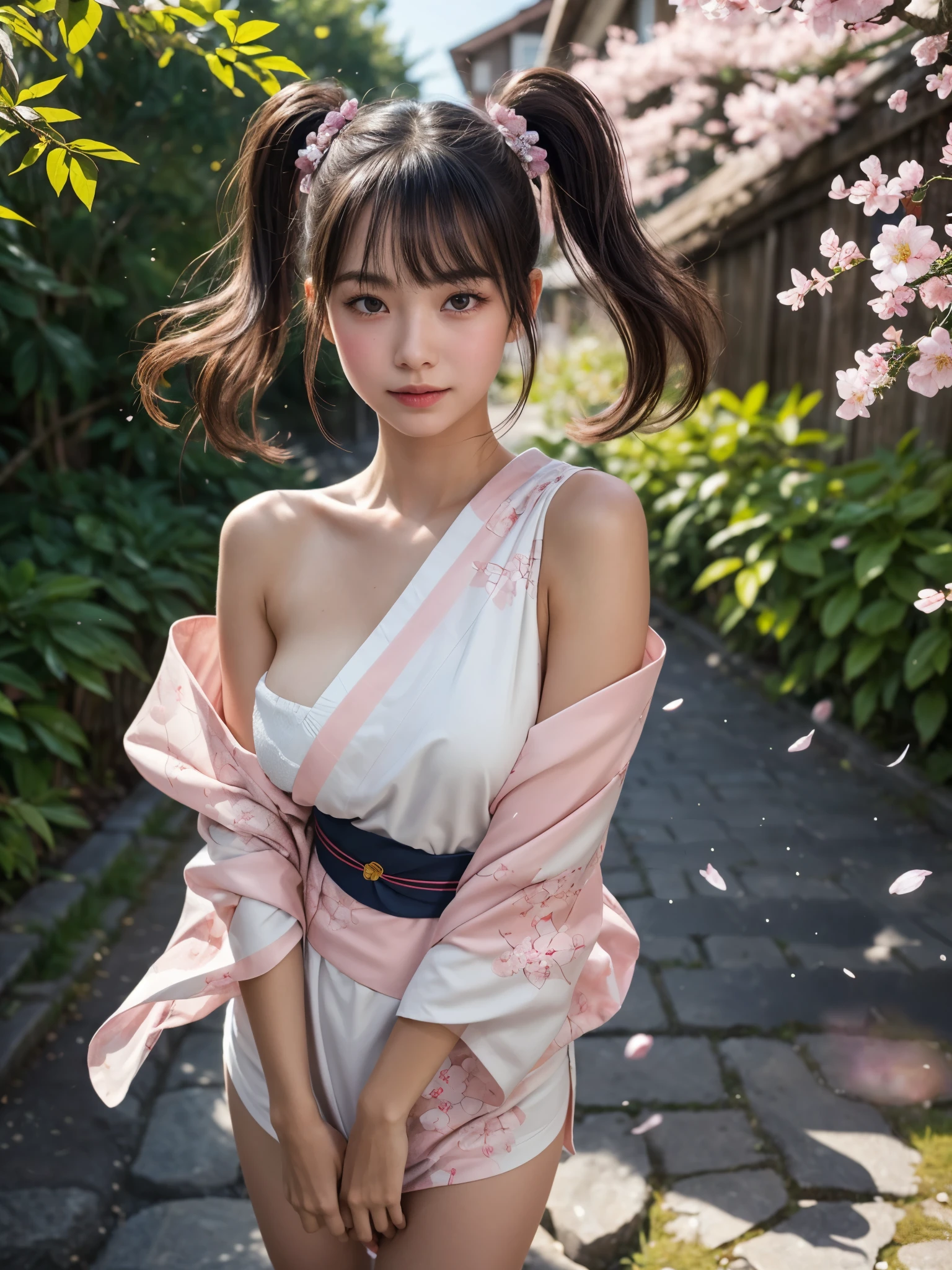 1girl, pink greek kimono dress, bare shoulder, detailed face, looking at viewer, dry hair, very long loose hair, bangs, short twintails, delicate obi, steel plate trimmed thigh high, cobblestone path, (masterpiece, raw photo, high quality, photorealistic), dynamic particles effect, cinematic lighting, (lens flare:0.6), ray tracing, fantasy, cherry blossom, black hair, gentle windswept, fluttering petals, (yo, cute:1.3), (breasts:1.2), 