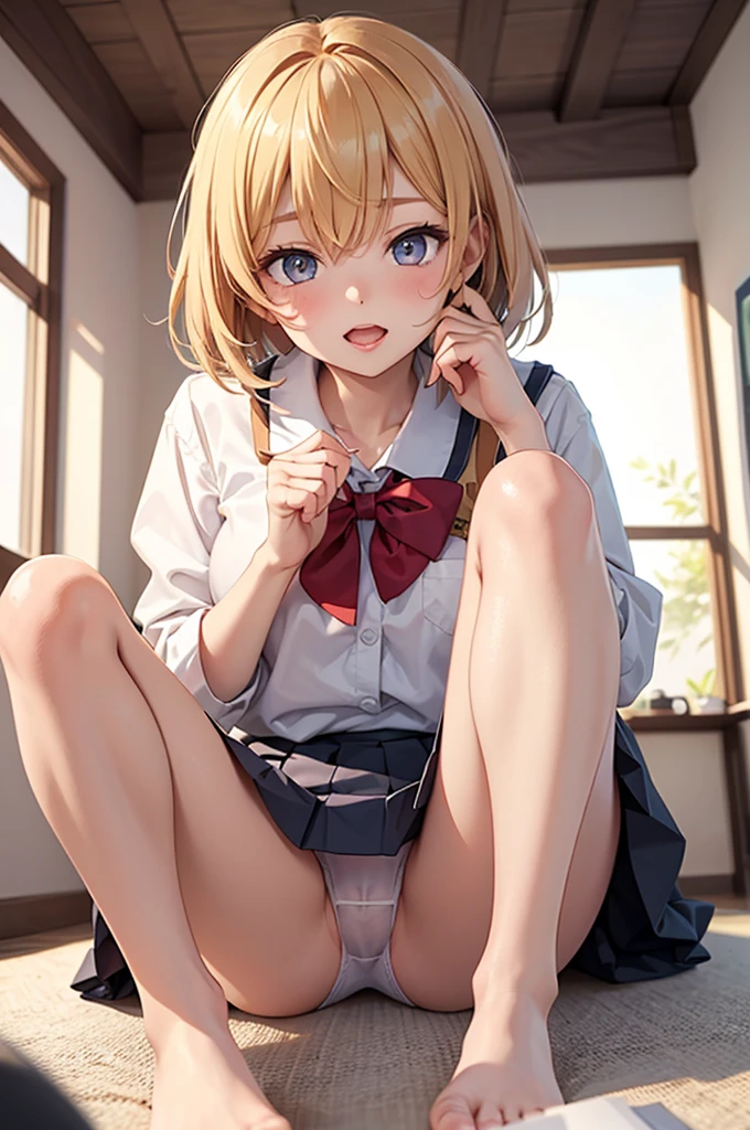 masterpiece、Soft Focus , Bright gradient watercolor、Tabletop, High resolution, 8k, Anime Women, Delicate and detailed writing 、Detailed digital illustration、high resolution, high quality、
(masterpiece, highest quality), Blonde Short Hair, (Schoolgirl uniform, Pleated mini skirt), Put the VR goggles on your eyes, Open your mouth, Hold two VR controllers in your hands, Sitting on the floor, Raise your knees, Put your knees on your chest, Spread leg pose, (White cotton panties), Camel Toe, In her room, Barefoot, barefoot, ((Show your crotch, Showing panties)),