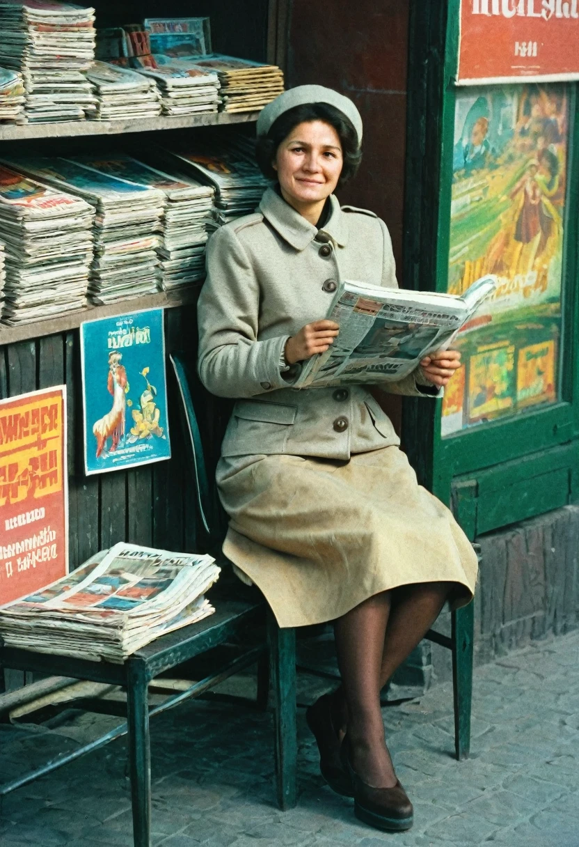 color photo. woman 40 years old. Selling newspapers at a newsstand in the USSR 1980. A woman is wearing light autumn clothes. She is sitting on a chair inside a newsstand