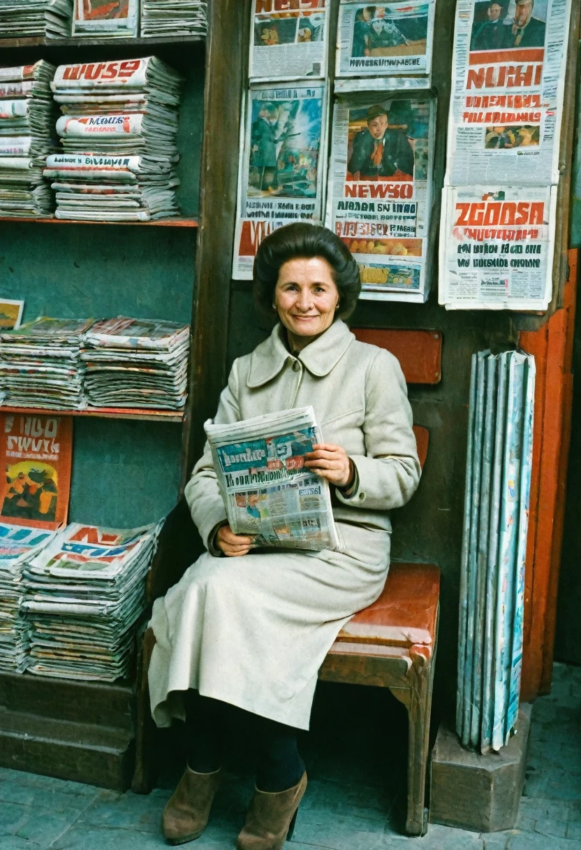 color photo. woman 40 years old. Selling newspapers at a newsstand in the USSR 1980. A woman is wearing light autumn clothes. She is sitting on a chair inside a newsstand