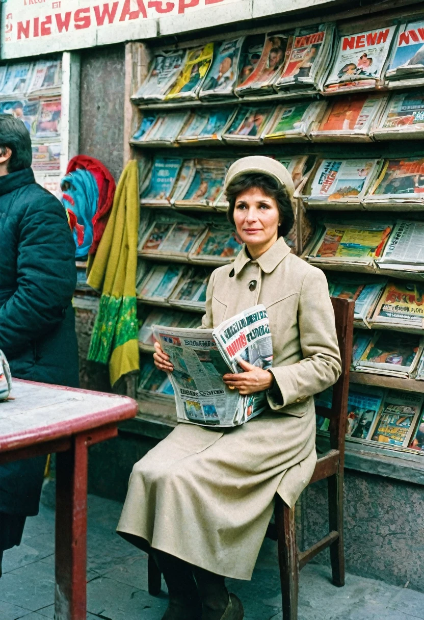 color photo. woman 40 years old. Selling newspapers at a newsstand in the USSR 1980. A woman is wearing light autumn clothes. She is sitting on a chair inside a newsstand