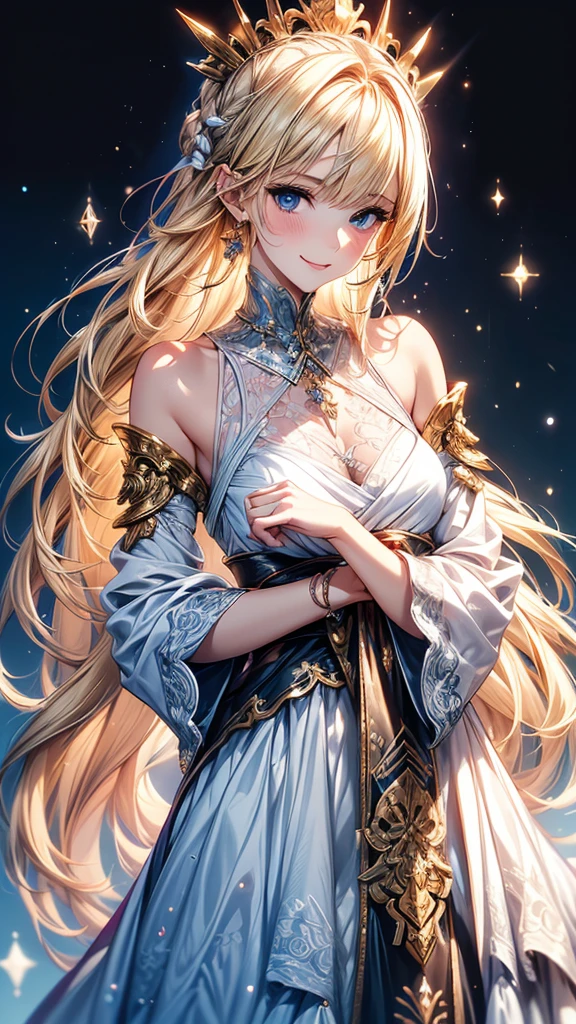 Highly Detailed CG Unity 8K Wallpaper, pretty girl, Mature blonde girl, Half Up,beautiful girl, Hot Maiden, Pale skin (super masterpiece, Fantasy art with intricate detail:1.5，Beautiful person, Well detailed face polluted smile, Her flat chest is completely hidden by her dress、Realistic, Surreal), Pray to the stars,Girl holding cute white cat with big eyes in her arms