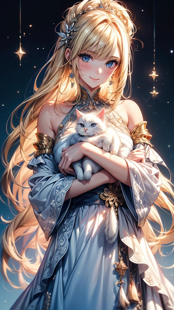 Highly Detailed CG Unity 8K Wallpaper, pretty girl, Mature blonde girl, Half Up,beautiful girl, Hot Maiden, Pale skin (super masterpiece, Fantasy art with intricate detail:1.5，Beautiful person, Well detailed face polluted smile, Her flat chest is completely hidden by her dress、Realistic, Surreal), Pray to the stars,Girl holding cute white cat with big eyes in her arms