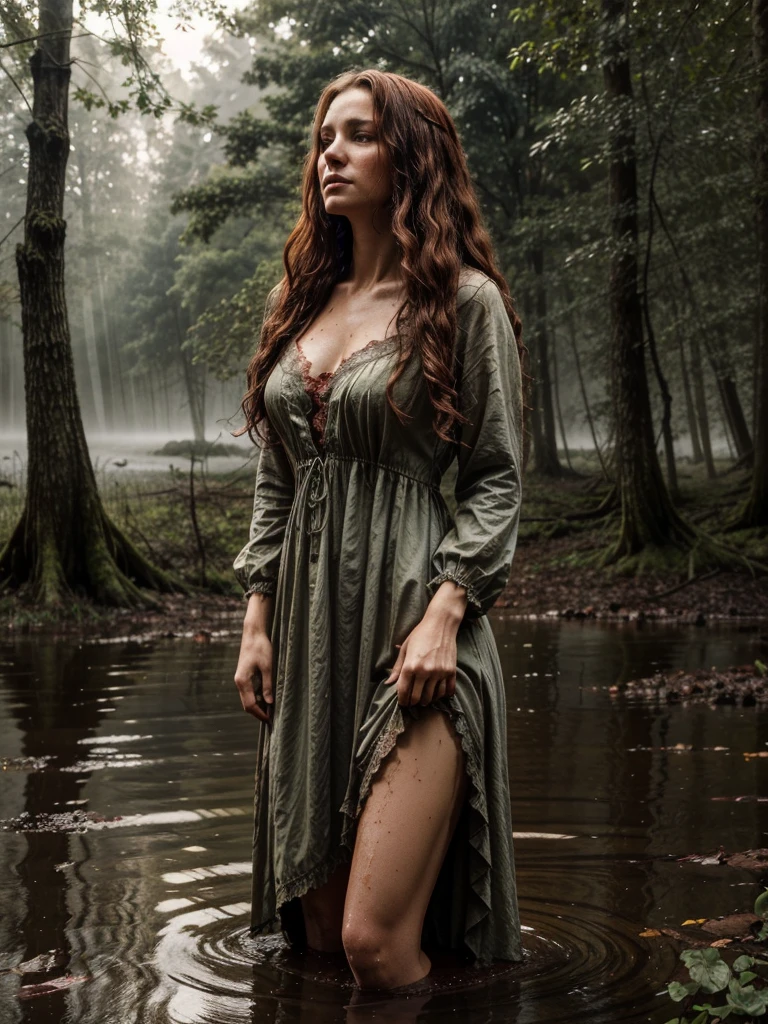 Jan Matejko's style. A close up portrait depicting a mature woman as Ophelia with dirty, long red wavy hair. A pose full of resignation. Front view. Wearing a worn and torn long lace dress from the Middle Ages. She stands knee-deep in water. The long dress is wet and stained with mud. All around there is a dense and gloomy swampy forest shrouded in morning fog. Sunlight creates an interesting chiaroscuro, vivid colors. Lots of broken trees and branches. Forest lake in the background.