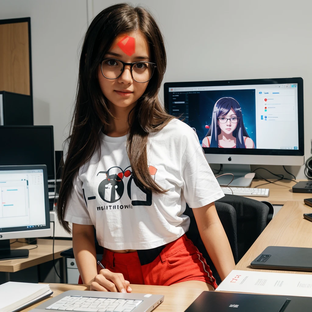 A cute girl with long hair and glasses is sitting at her desk in front of the computer, wearing a white t-shirt and red shorts. The background features multiple monitors displaying office software, adding to an atmosphere of work. The character design is in the style of an anime artist.