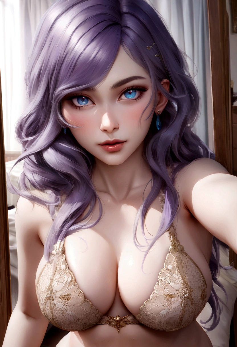 arafed femme pleinement , fille sexy aux yeux bleus, ultra realistic, Meticulously detailed, Portrait de Sophie Mudd, cheveux blonds et grands yeux, selfie d'une jeune femme, Yeux de chambre, violette myers, sans maquillage, maquillage naturel, regarder directement la caméra, visage avec artgram, maquillage subtil, superbe photo de tout le corps à genoux sur le lit, dans la chambre, Medium to large bust