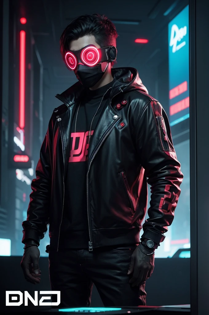 DJ with mask in cyberpunk style. As cores devem predominar no vermelho e preto. Imagem para usar no perfil do youtube