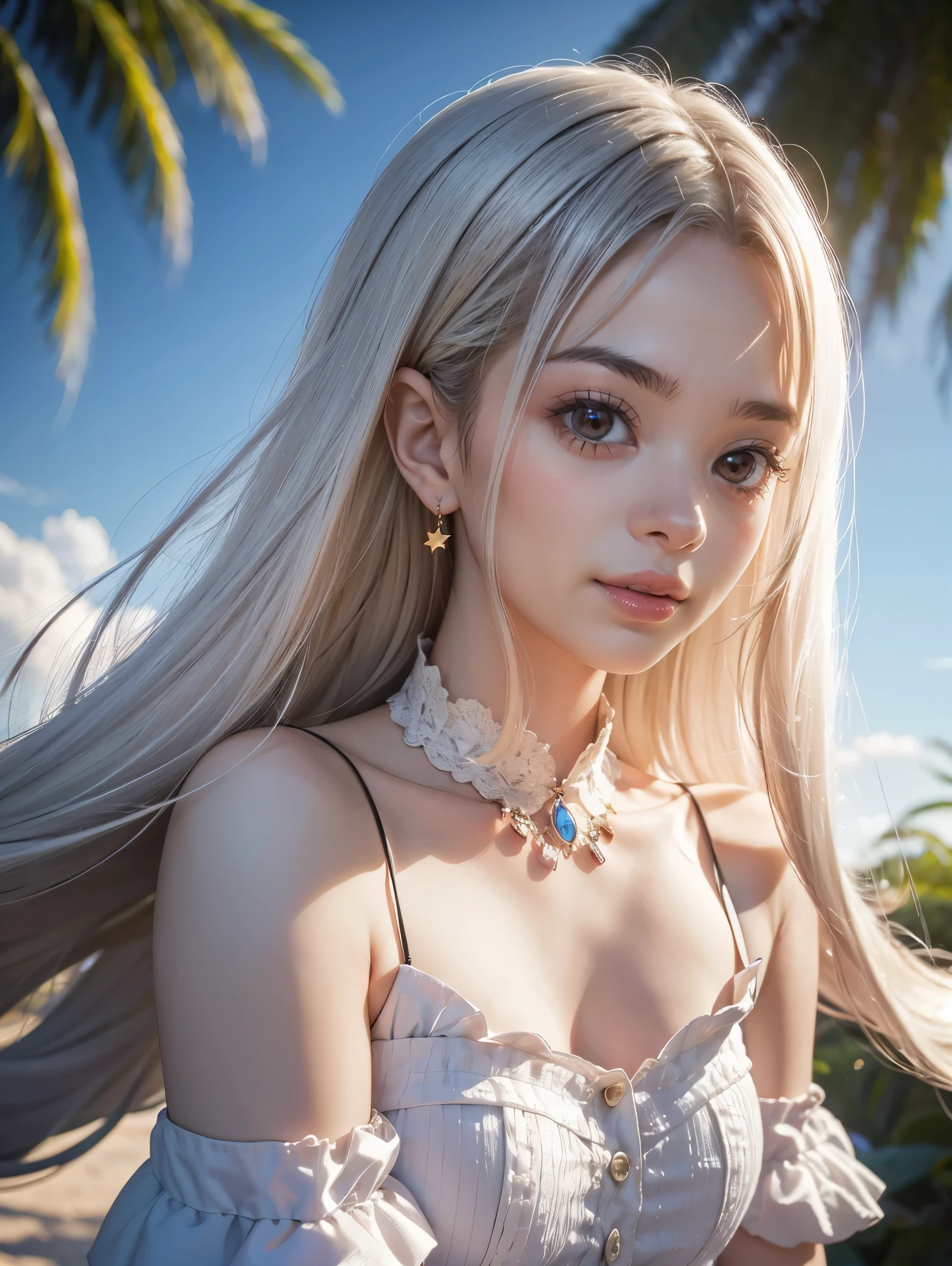 The background is a city, perfect white-haired girl, in dress, white-haired, white-haired god, cute anime waifu in beautiful clothes, gray-haired, best anime 4k konachan wallpaper, little curve lolivez on Pixiv ArtStation, white-haired girl, nightcore, standing on a tree, looking up at the stars, face super detailed