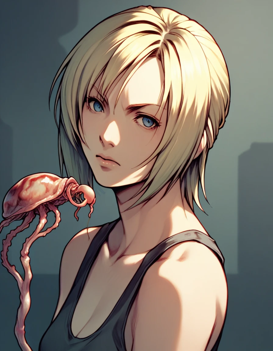 Aya Brea, parasite eve, the 3rd Birthday, video game character, shoulder-length blonde short hair with side bangs. The character's eyes are blue, giving her a sharp and focused gaze. No shadows. Standing, looking straight