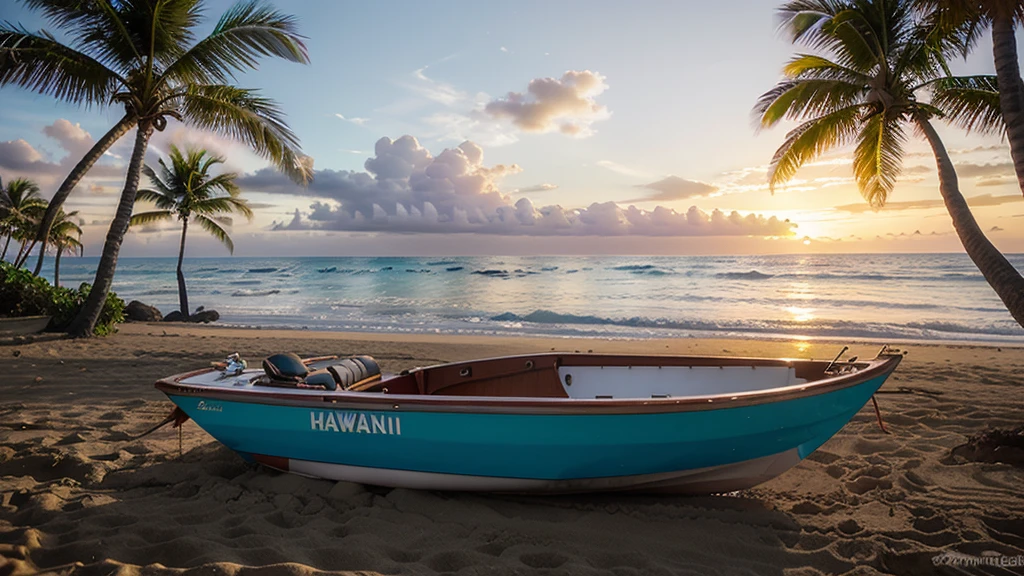 Sunset in hawaii beach palm trees small boat