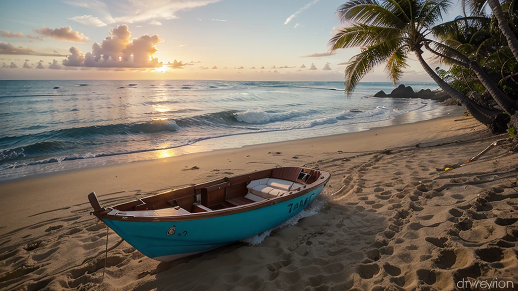 Sunset in hawaii beach palm trees small boat