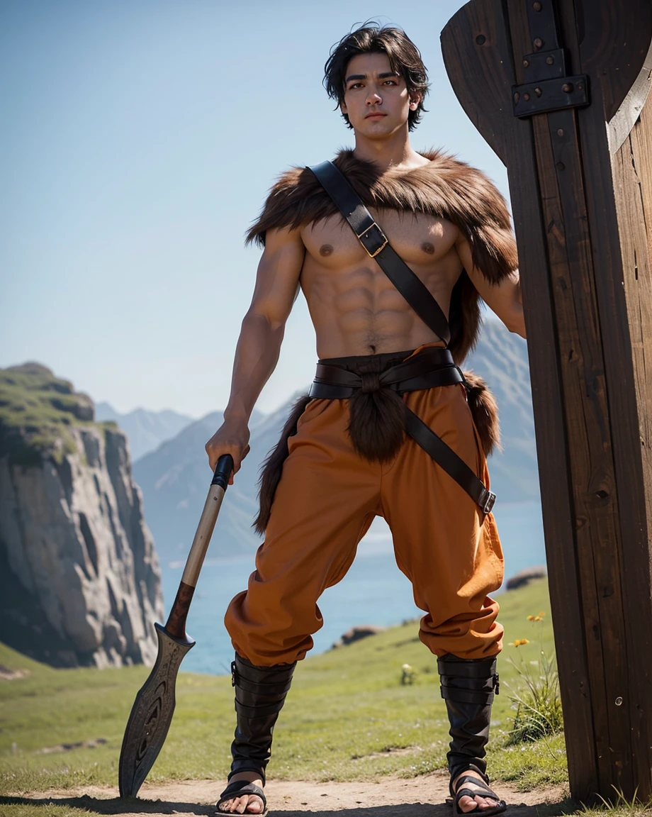 Youth with short black hair and brown eyes, fair skin and clean-shaven, dressed in short orange medieval barbarian fur tunic and trousers, weilding giant axe, sandals; fullbody; short hair, masculine, athletic