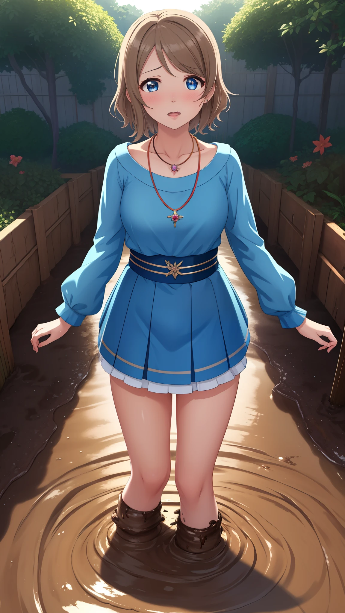 (Masterpiece), 8k wallpaper, solo, Watanabe you, game cg, beautiful detailed face and eyes, perfect anatomy, standing, outside, upset, scared, glossy lips, necklace, jewelry, garden, (sinking in mud)