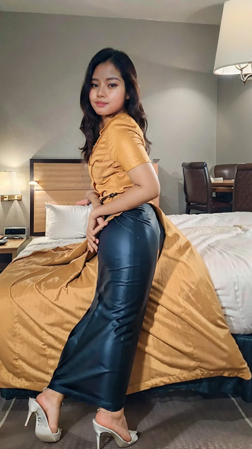 pretty aisan lady, pretty lady MoonLay, one girl, beautiful lady, beautiful face, cute smiling, bent over and stooping, seductively posing for photography, ((at hotel room:1.5)), (bent over and arms down on matteress:1.3), ((lift up waist:1.2)), ((pouting ass:1.2)), ((clinging panty line:1.3)), ((full body view tilt rear view:1.5)),, (short legs), (slim waist and voluptuous body), wearing Myanmar traditional attire, wearing acmm long skirt, tight skirt, sating glossy orange color dress, satin glossy orange color skirt, with stiletto high heel, fine shadow, realistic added shadow, dramatic lighting, professional color graded, nikon d850 film stock photograph, cinematic lighting, cinematic shot, 4k resolution,