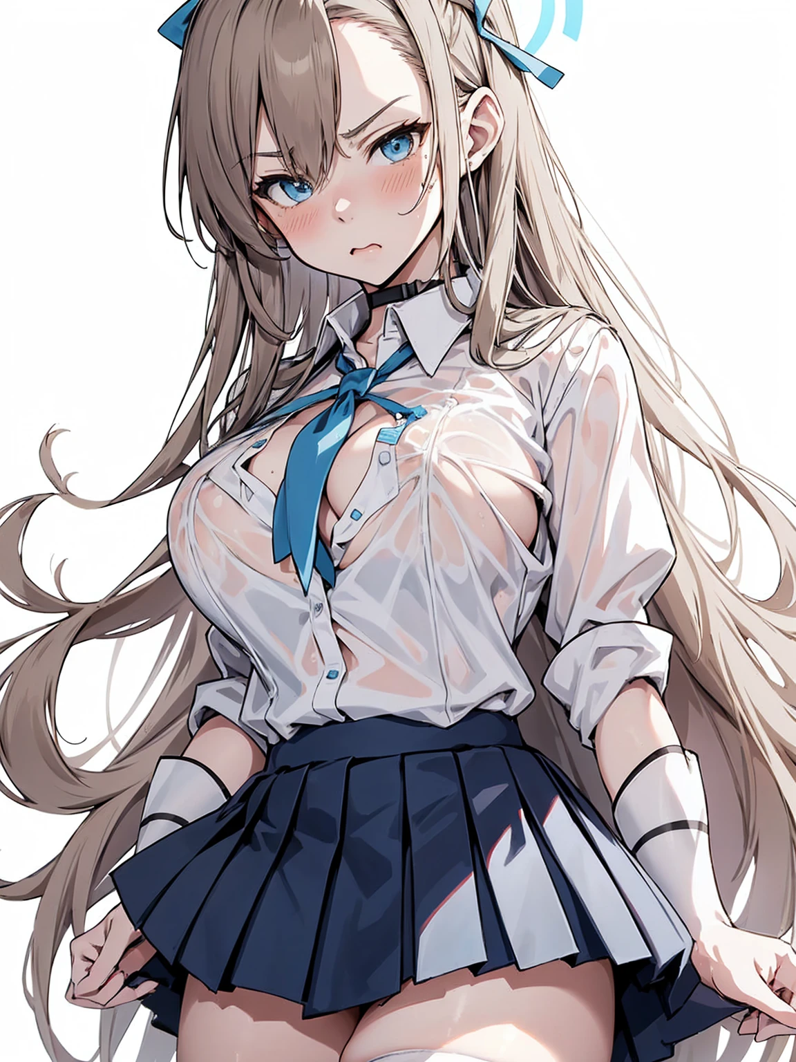 Ichinose Asuna, ((white background)), Gal, Pleated skirt, ((White Shirt:1.3)), Wearing a wet white shirt, Thigh, Angry face, blush:1.3, Angry face, heavy breathing,