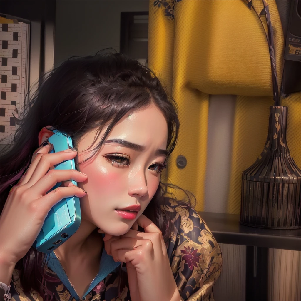 A woman is sitting at a table and talking on the phone, Girl calling, Dilraba Dilmurat, yanjun chengt, 🤬 🤮 💕 🎀, lofi girl aesthetics, krystal, exclusive, I've been trying to make phone calls, jinyoung shin, 😭 🤮 💕 🎀, Kim Do-young, Check her phone, Cute Korean actress