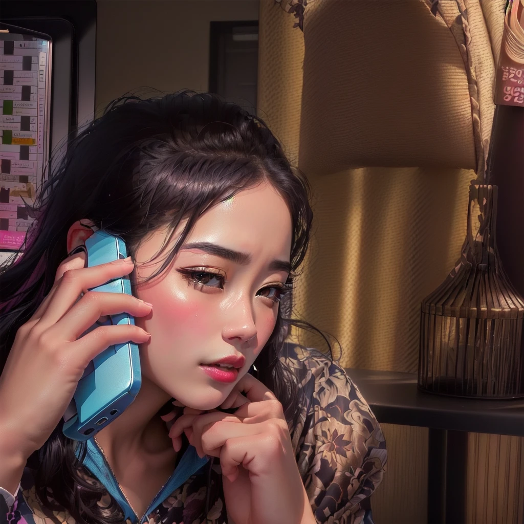 A woman is sitting at a table and talking on the phone, Girl calling, Dilraba Dilmurat, yanjun chengt, 🤬 🤮 💕 🎀, lofi girl aesthetics, krystal, exclusive, I've been trying to make phone calls, jinyoung shin, 😭 🤮 💕 🎀, Kim Do-young, Check her phone, Cute Korean actress