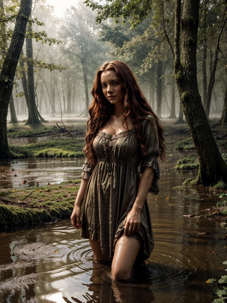 Jan Matejko's style. A close up portrait depicting a mature woman as Ophelia with dirty, long red wavy hair. A pose full of resignation. Front view. Wearing a worn and torn long lace dress from the Middle Ages. She stands knee-deep in water. The long dress is wet and stained with mud. All around there is a dense and gloomy swampy forest shrouded in morning fog. Sunlight creates an interesting chiaroscuro, vivid colors. Lots of broken trees and branches. Forest lake in the background.