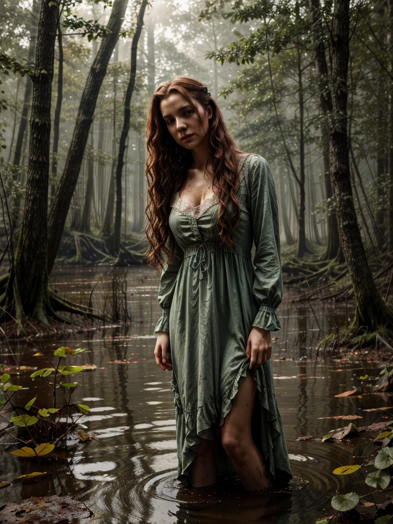 Jan Matejko's style. A close up portrait depicting a mature woman as Ophelia with dirty, long red wavy hair. A pose full of resignation. Front view. Wearing a worn and torn long lace dress from the Middle Ages. She stands knee-deep in water. The long dress is wet and stained with mud. All around there is a dense and gloomy swampy forest shrouded in morning fog. Sunlight creates an interesting chiaroscuro, vivid colors. Lots of broken trees and branches. Forest lake in the background.