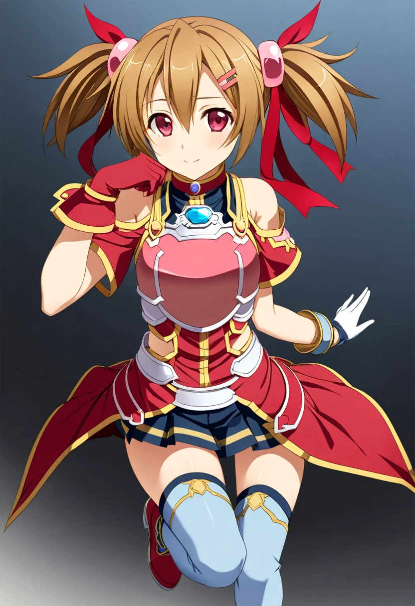 highest quality、unity 8k wallpaper、32k、masterpiece、Very detailed、Ultra-high resolution、　Magical Tamer Silica、Silica(sao)、Shoulder rest、Silver Breastplate、Pleated skirt、Gloves)、Silver Gauntlet、Thigh-high stiletto boots、A large ribbon with a large brooch on the chest、Hair Clip、Hair Ribbon、