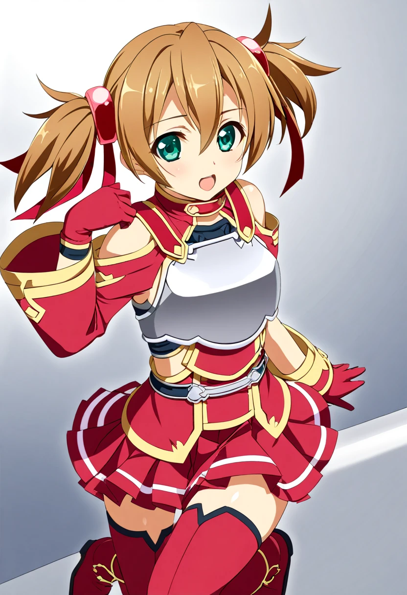 highest quality、unity 8k wallpaper、32k、masterpiece、Very detailed、Ultra-high resolution、　Magical Tamer Silica、Silica(sao)、Shoulder rest、Silver Breastplate、Pleated skirt、Gloves)、Silver Gauntlet、Thigh-high stiletto boots、A large ribbon with a large brooch on the chest、Hair Clip、Hair Ribbon、