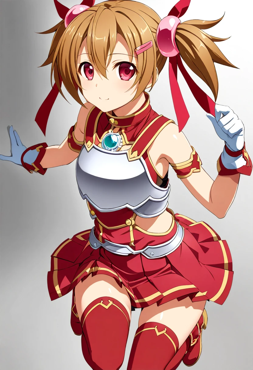 highest quality、unity 8k wallpaper、32k、masterpiece、Very detailed、Ultra-high resolution、　Magical Tamer Silica、Silica(sao)、Shoulder rest、Silver Breastplate、Pleated skirt、Gloves)、Silver Gauntlet、Thigh-high stiletto boots、A large ribbon with a large brooch on the chest、Hair Clip、Hair Ribbon、