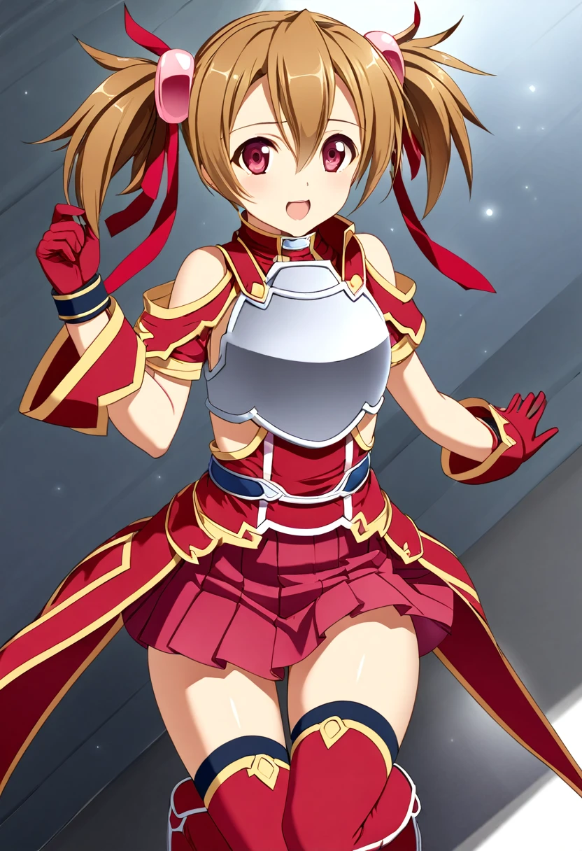 highest quality、unity 8k wallpaper、32k、masterpiece、Very detailed、Ultra-high resolution、　Magical Tamer Silica、Silica(sao)、Shoulder rest、Silver Breastplate、Pleated skirt、Gloves)、Silver Gauntlet、Thigh-high stiletto boots、A large ribbon with a large brooch on the chest、Hair Clip、Hair Ribbon、