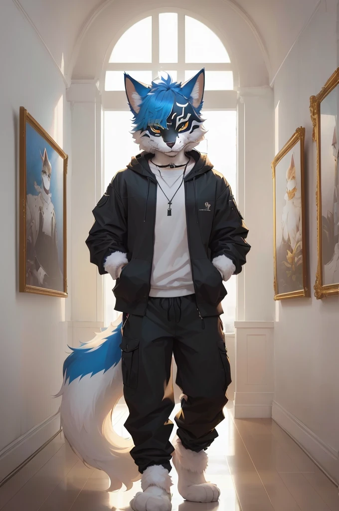 A man wearing a cat mask stands in the corridor, fursona wearing fashionable clothes, pov Furry art, Furry art, Human Art, very very beautiful Furry art, Furry artist, Short full-body portrait!, Total commission, human fox, Furry art!!!, 8k high quality detailed art, Full body pictures, furry anime