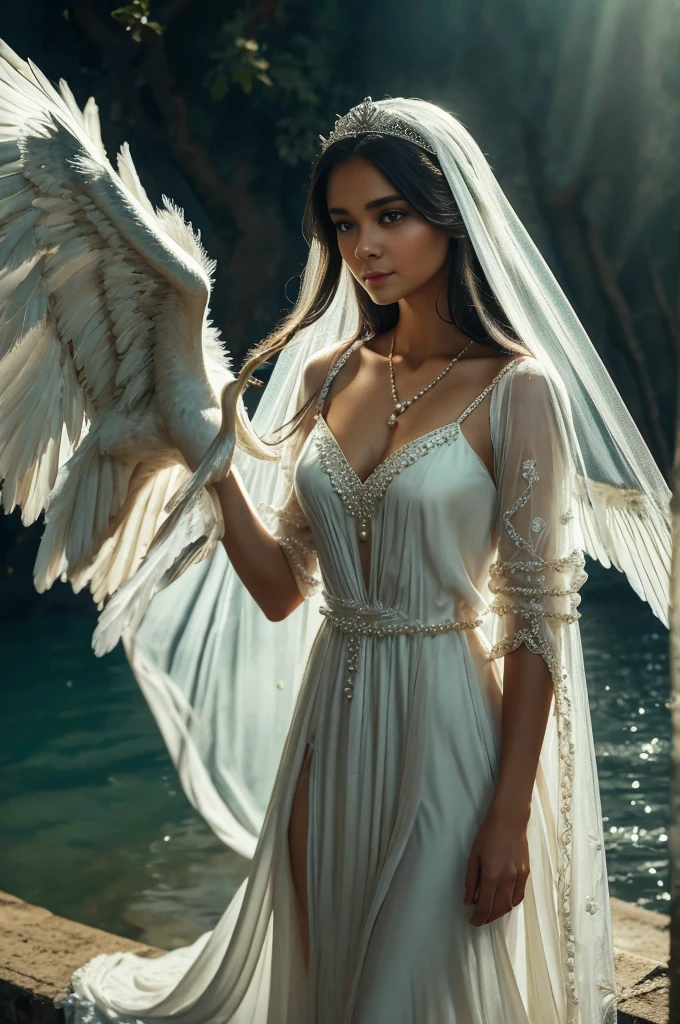 Illustration for a fairy tale, - beautiful girl - swan princess with white wings, in a white long brocade dress, with closed transparent neckline, with long transparent sleeves, decorated with pearls and rhinestones,  pearl necklace on the neck, dark hair styled in an updo, on the head there is a tiara with diamonds and a transparent white veil. The princess stands on the shore of a calm sea, back to the sea, a black kite hovering in the sky above her.