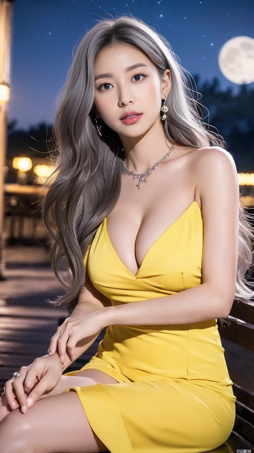 (8k, RAW Photos, highest quality, masterpiece: 1.2)、((necklace、gyuru、Yellow Dress、Red panties、Gorgeous dress、all、get up、Crossing your legs)),1 person、((Angle from a distance、Whole body image:、Head to toe angle)), Very detailed, Super Resolution, (Realistic, Actual Photos: 1.37), Portraiture, High-resolution RAW color photos, Professional photos, Very detailedで美しい, Very detailedな, 8k Picture Wallpaper, Amazing details、Cute beautiful woman with perfect body: 1.4、Slim Big: 1.2、Full body image, ((Gray Hair:1.2、Long Hair, Huge boobs: 1.2)) 、(High-definition breasts、Happy expression）、((night、Beautiful starry sky、Big Moon、Takimae、Women are the main focus))、High resolution face and skin textures、Detailed eyes、double eyelid、Very detailedな and focused chest、Seduce others with your breasts:1.2、Mysterious Landscape