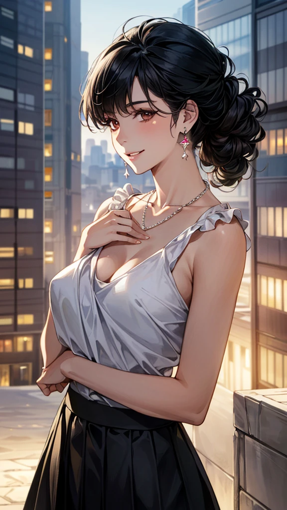 (masterpiece:1.3, highest quality, Ultra-high resolution, Super detailed), (Realistic, photoRealistic:1.4), Beautiful illustrations, Perfect lighting, colorful, Depth of written boundary,
Beautiful detailed hair, Beautifully detailed face, Beautiful fine details, Beautiful clavicle, Beautiful body, Beautiful breasts, Beautiful thighs, Beautiful feet, Beautiful fingers,
View Viewer, Front view:0.6, 1 girl, Japanese, Female college student, Perfect Face, (Perfect Anatomy, Anatomically correct), Cute and symmetrical face, Baby Face, , Shiny skin,
(Black Hair, Random hairstyle:1.4), Asymmetrical bangs, Brown eyes, Long Eyelashes, (Medium chest), thin,
((Something to wear, Cut and sew, Long skirt)), necklace, Earrings,
(Beautiful views), evening, (city, cityscape in the distance), Are standing, (Place your hand on your chest), (Smile, Lips parted),