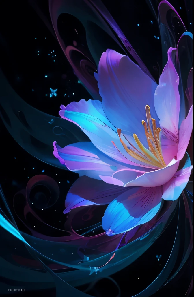 a flower with swirls and a blue background, an airbrush painting by Marie Bashkirtseff, trending on cgsociety, psychedelic art, glowing delicate flower, beautiful!!! digital art, gorgeous digital art, beautiful gorgeous digital art, lily flower, very beautiful digital art, beautiful color art!, beautiful digital art, magical flowers, 🌺 cgsociety, beautiful flower, glowing flowers