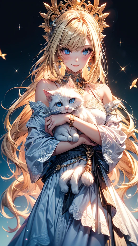 Highly Detailed CG Unity 8K Wallpaper, pretty girl, Mature blonde girl, Half Up,beautiful girl, Hot Maiden, Pale skin (super masterpiece, Fantasy art with intricate detail:1.5，Beautiful person, Well detailed face polluted smile, Her flat chest is completely hidden by her dress、Realistic, Surreal), Pray to the stars,Girl holding cute white cat with big eyes in her arms